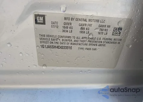 2012 Chevrolet Sonic 2Ls из США, поврежденный, VIN 1G1JA6SH4C4223316